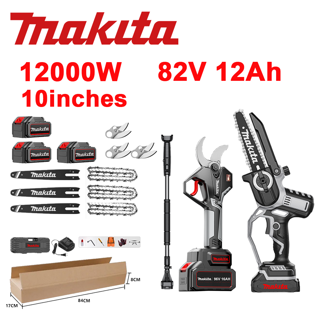 LED indikátor napätia (výdrž batérie: 18 hodín). 10-palcová lítium-iónová reťazová píla s výkonom 12 000 W + záhradnícke nožnice + 82 V 12,0 Ah batérie*3 + nabíjačka + tyče*3 + reťaze*3 + čepele zo zliatiny SK9*3 + teleskopická tyč*1 (teleskopická od 150 cm do 450 cm) + box na náradie + mazací olej + ochranné okuliare, 10-ročná záruka.